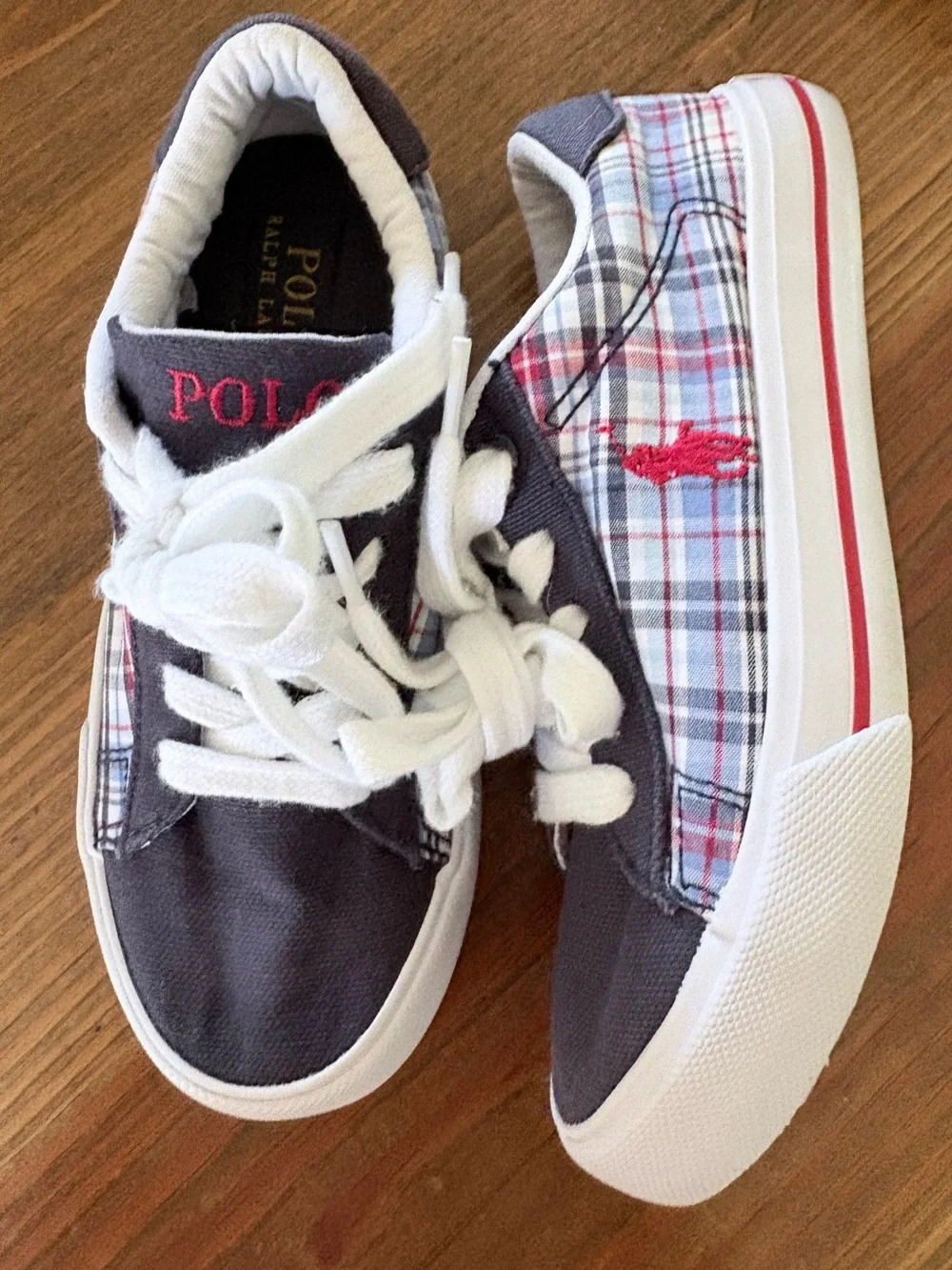 Ralph Lauren Polo Little Kids Navy & Red Plaid Canvas Logo Sneakers 13 Shoes